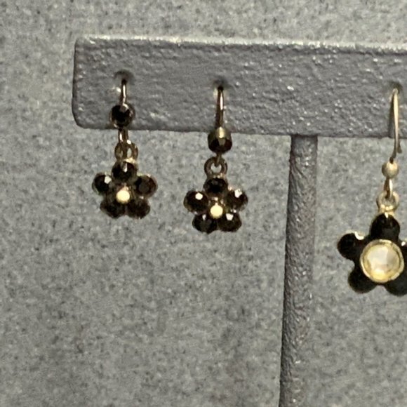 Dangle Pierced Earrings Lot Black Flower Rhinestone Enamel Silver Retro 80s - Picture 2 of 5